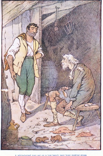 Ein weißhaariger Mann, der Schuhe macht von F. M. B. Blaikie